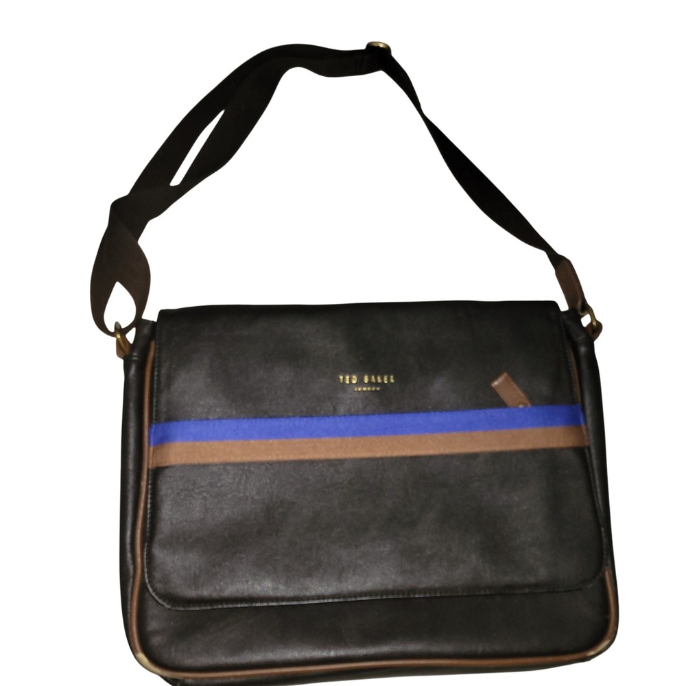 Ted Baker London Men Dark Brown Faux Leather Messenger Bag with Blue Tan Stripe‎